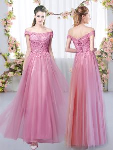 Fabulous Tulle Off The Shoulder Sleeveless Lace Up Lace Quinceanera Court Dresses in Pink
