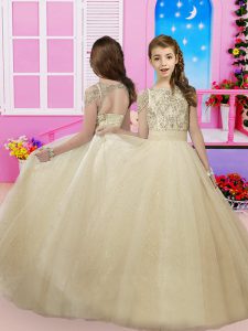 Custom Designed Champagne Ball Gowns Scoop Sleeveless Tulle Floor Length Lace Up Beading Child Pageant Dress