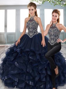 Navy Blue Sleeveless Floor Length Beading and Ruffled Layers Lace Up Sweet 16 Dresses