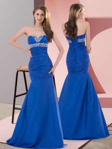 High Quality Mermaid Evening Dress Blue Sweetheart Satin Sleeveless Floor Length Lace Up