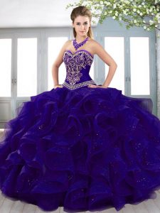 Great Sweetheart Sleeveless Quince Ball Gowns Floor Length Beading and Embroidery and Ruffles Blue Organza and Tulle