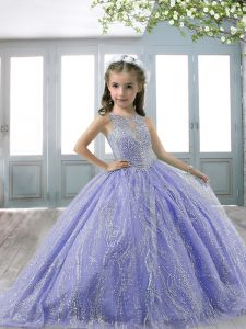 Lavender Scoop Neckline Beading Little Girls Pageant Gowns Sleeveless Lace Up