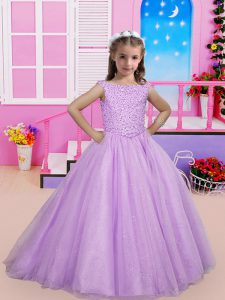 Superior Scoop Sleeveless Tulle Pageant Gowns Beading Sweep Train Lace Up