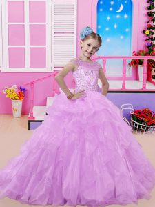 Low Price Lilac Ball Gowns Organza Off The Shoulder Sleeveless Beading and Ruffles Lace Up Pageant Gowns For Girls Sweep