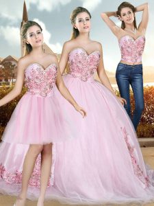 Baby Pink Lace Up Quinceanera Dresses Beading and Appliques Sleeveless Sweep Train