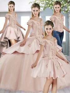 Dazzling Baby Pink V-neck Lace Up Beading and Appliques Sweet 16 Dresses Short Sleeves