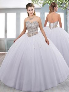 Romantic White Ball Gowns Beading and Ruffles Quince Ball Gowns Lace Up Tulle Sleeveless