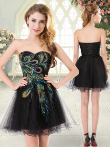 Dramatic Black Sweetheart Neckline Beading and Appliques Evening Dress Sleeveless Lace Up