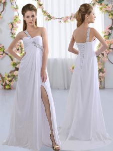 Perfect White Sleeveless Brush Train Beading Bridesmaids Dress