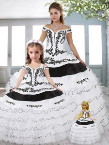 Fitting White And Black Sleeveless Embroidery and Ruffled Layers Floor Length Vestidos de Quinceanera