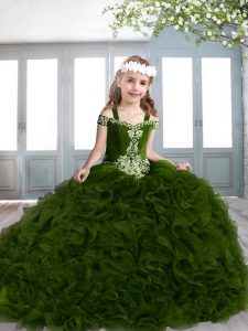 Sweet Ball Gowns Sleeveless Green Little Girl Pageant Gowns Sweep Train Lace Up