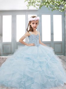 Light Blue Sleeveless Beading Lace Up Pageant Dress for Girls