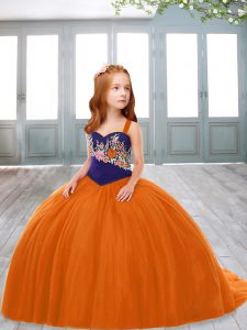 Popular Orange Red Ball Gowns Tulle Straps Sleeveless Embroidery Lace Up Pageant Dress Wholesale Sweep Train