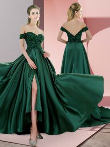 Admirable Spaghetti Straps Sleeveless Sweep Train Lace Up Prom Dress Green Satin