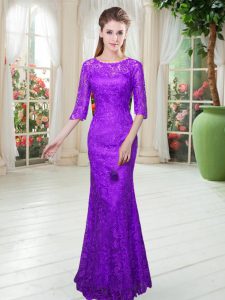 Pretty Scoop Half Sleeves Zipper Lace Prom Dress in Purple