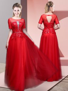 Red Empire Beading and Lace Prom Gown Backless Tulle Short Sleeves Floor Length