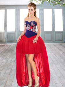High Low Lace Up Prom Party Dress Red for Prom and Party and Military Ball with Embroidery