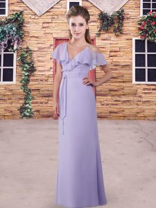 Lavender Column/Sheath Ruching Court Dresses for Sweet 16 Zipper Chiffon Short Sleeves Floor Length