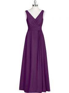 Customized Eggplant Purple Zipper Dress for Prom Ruching Sleeveless Floor Length