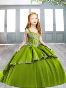 High End Olive Green Satin Lace Up Little Girl Pageant Dress Sleeveless Sweep Train Embroidery