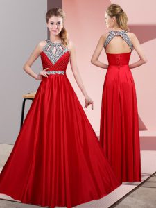Unique Red Sleeveless Floor Length Beading Lace Up Prom Dresses