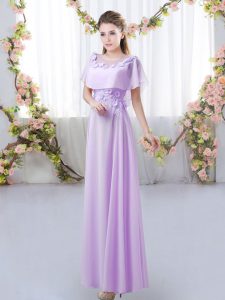 Dramatic Lavender Empire Chiffon Scoop Short Sleeves Appliques Floor Length Zipper Bridesmaid Dress
