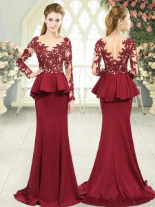 Best Red Long Sleeves Sweep Train Lace and Appliques Prom Gown