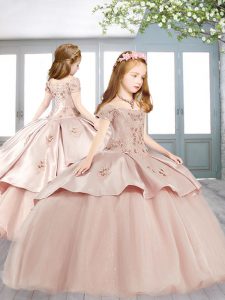 Pink Short Sleeves Appliques Floor Length Little Girl Pageant Gowns