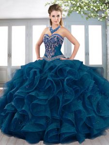 Discount Sweetheart Sleeveless Sweet 16 Dress Floor Length Beading and Embroidery and Ruffles Teal Organza