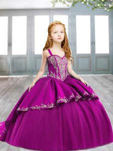 Fuchsia Sleeveless Satin Sweep Train Lace Up Glitz Pageant Dress for Party and Wedding Party