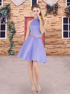 Adorable High-neck Sleeveless Quinceanera Court Dresses Mini Length Beading Lavender Satin