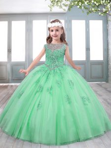 Tulle Scoop Sleeveless Brush Train Lace Up Beading and Appliques Kids Pageant Dress in