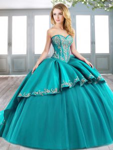 Sleeveless Beading and Embroidery Lace Up Sweet 16 Dress with Aqua Blue Sweep Train