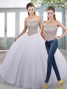 Extravagant Sleeveless Floor Length Beading and Ruffles Lace Up Quinceanera Gowns with White