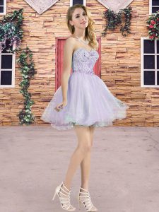 Dramatic Sleeveless Tulle Mini Length Lace Up Vestidos de Damas in Lilac with Beading