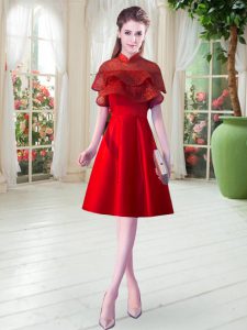 A-line Evening Dress Red High-neck Satin Cap Sleeves Knee Length Zipper