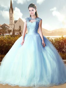 Cap Sleeves Floor Length Lace Up Ball Gown Prom Dress in Baby Blue with Beading