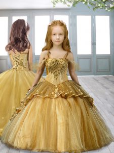 Gold Spaghetti Straps Lace Up Beading and Appliques Pageant Gowns For Girls Sweep Train Sleeveless