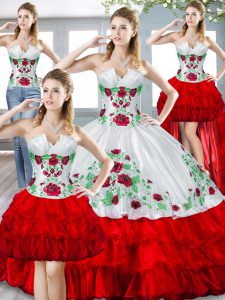 White And Red Sleeveless Floor Length Beading and Embroidery and Ruffled Layers Lace Up Ball Gown Prom Dress
