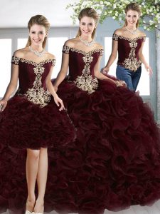 Sleeveless Beading Lace Up Quince Ball Gowns with Burgundy Court Train