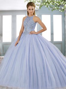 Affordable Lavender Ball Gowns Tulle Halter Top Sleeveless Beading Lace Up Quince Ball Gowns Sweep Train