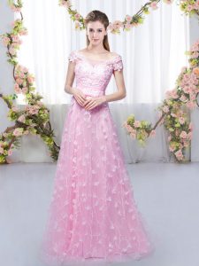 Custom Fit Appliques Dama Dress Rose Pink Lace Up Cap Sleeves Floor Length