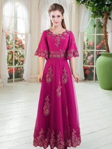Fuchsia A-line Scoop Half Sleeves Tulle Floor Length Lace Up Lace