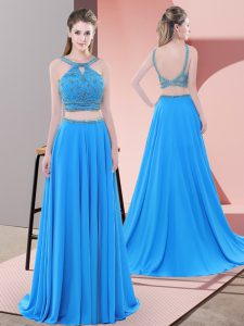 High End Backless Evening Dress Blue for Prom and Party with Beading Sweep Train