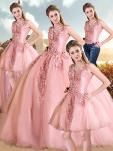 Pink Organza Lace Up Quince Ball Gowns Sleeveless Sweep Train Beading and Lace