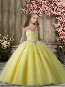 Straps Sleeveless Tulle Pageant Gowns For Girls Beading Lace Up