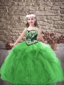 Green Lace Up Straps Embroidery and Ruffles Little Girls Pageant Dress Tulle Sleeveless