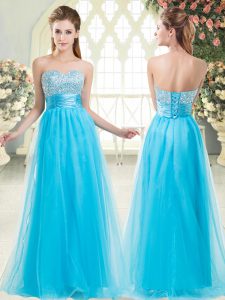 Aqua Blue Lace Up Sweetheart Beading Prom Evening Gown Tulle Sleeveless