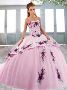 Dramatic Pink Sleeveless Tulle Sweep Train Lace Up 15th Birthday Dress for Military Ball and Sweet 16 and Quinceanera