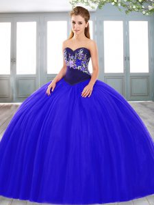 Glittering Royal Blue Lace Up Sweetheart Embroidery Sweet 16 Quinceanera Dress Tulle Sleeveless